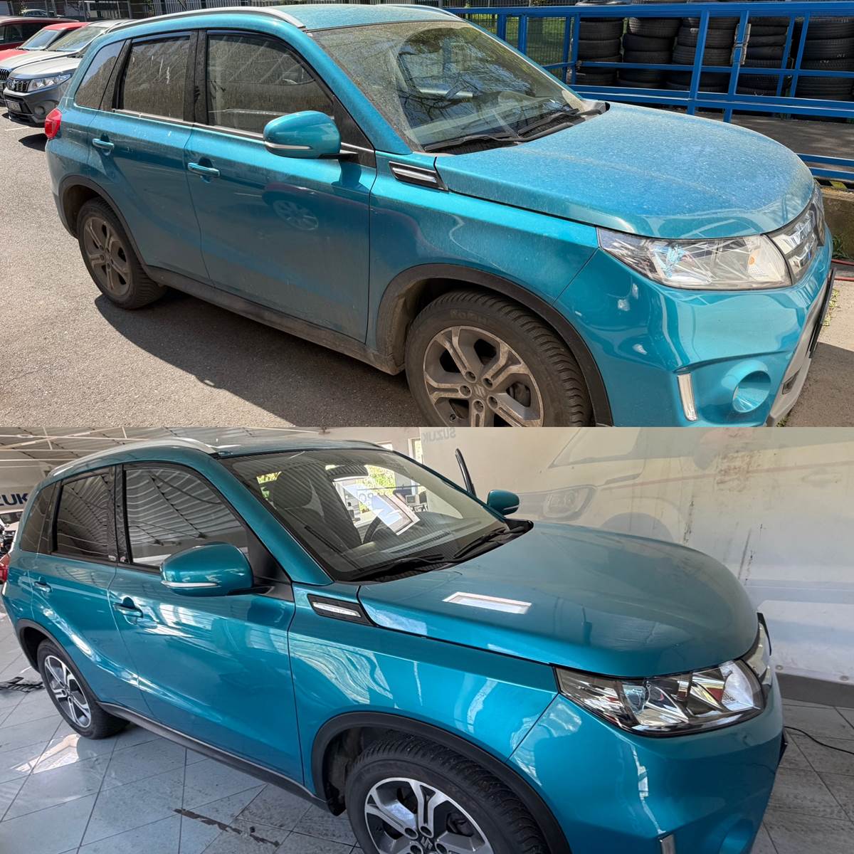 vozidlo před a po oplachu a sušení